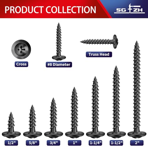 #8 x 2 Inch Wood Screw 500Pcs Alloy Steel Standard Thread Truss Head Fast Self Tapping Black Oxide by SG TZH - color: Black - Alloy Steel, size: #8 x 2"
