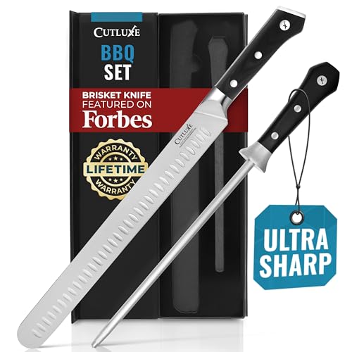 Cutluxe BBQ Carving Set, 12" Brisket Knife & 10" Honing Rod for Meat - size: 2 Pcs Brisket Knife Set