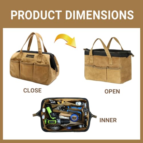 Tool Tote, 13-inch Heavy Duty Waxed Canvas Wide Mouth Tool Bag, Open Top tool Pouch with Handle for Tools, Wrenches, Screwdrivers (13 X 7 X 9 inch) | Khaki - color: Khaki, size: 13 Inch