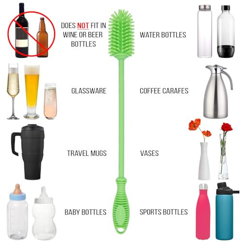 Kitchiny Silicone Bottle Brush 12.5 inch with 2 Straw Cleaners – Green | Bottle Cleaner Brush for Yeti, Hydro Flask, Owala, Stanley, Baby Bottles, Vases & Narrow Neck Containers - color: Green