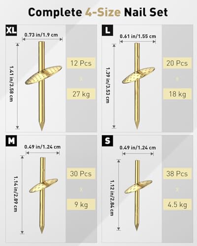 Uniclife 100 Pcs Picture Hangers, Picture Hanging Kit, 4 Size Picture Hanging Hooks, Picture Hanging Nails, Long Picture Hooks for Photo Frame Art Mirror and Décor, Gold - size: 100 Pcs, style: Gold