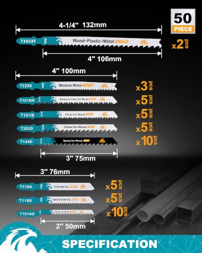 50PCS T-Shank Jig Saw Blades Set, EXFEIN Assorted Blades Made with HCS/HSS/BIM, for Wood, Plastic and Metal Cutting(T118A,T118B,T123X,T345XF,T101AO,T101B,T101BR,T101D,T144D) - size: Set 3 (T123X-T345XF)