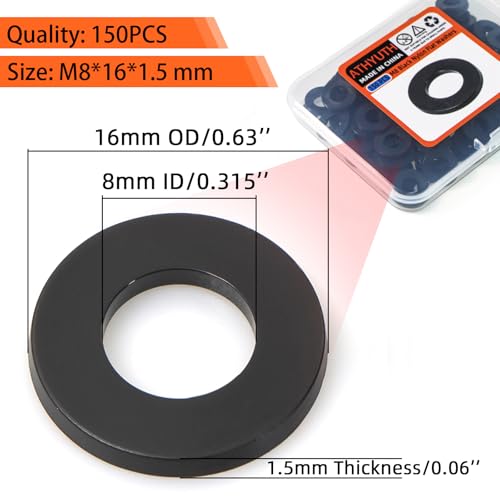 M8 Black Nylon Washers, 8mm ID, 16mm OD, 1.5mm Thickness, Plastic Round Washer, 150 Pieces Flat Washers Hardware Set - size: M8