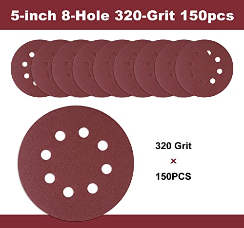 S SATC 150 PCS Sanding Discs 5-Inch 8-Hole Hook and Loop 320 Grit Sandpaper for Random Orbital Sander - style: 150PCS 5 Inch 320 Grit