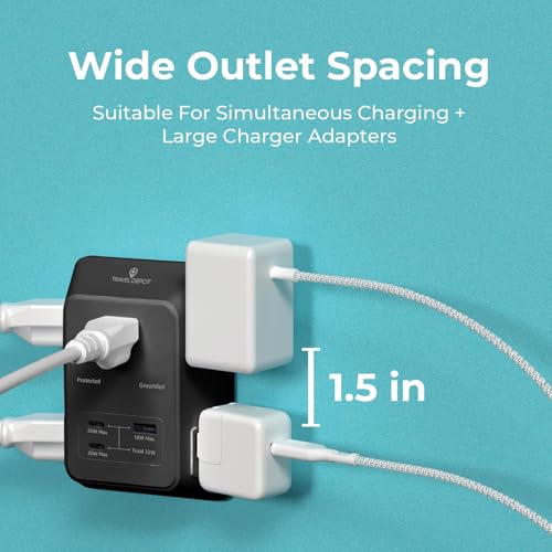 Travel Depot 5-Outlet Wall Outlet Extender with Surge Protector, (Black) | 2 USB-C PD & 1 USB-A Charging Ports, 32W Fast Charging, Multi Plug Wall Adapter, 3-Sided Design for Home & Office - color: Black