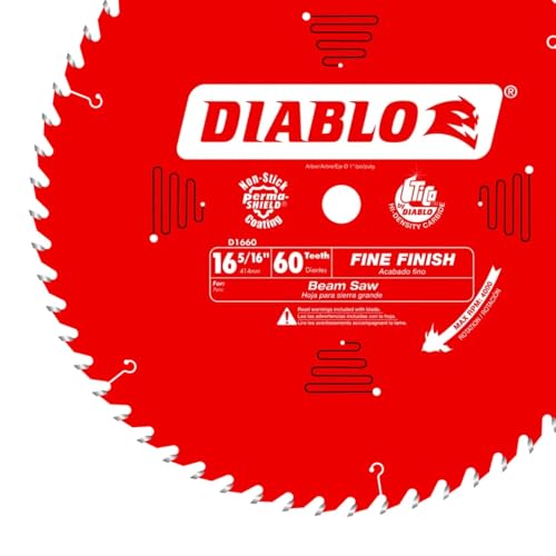 Diablo Fine Finish Saw Blade for Wood - 16-5/16" Diameter, 60 ATB Teeth, 1" Arbor, .114" Kerf, 22° Hook Angle, .079" Plate, 4000 Max RPM - D1660X - size: 16-5/16" Dia x 60 T x 1" Arbor, style: Fine Finish