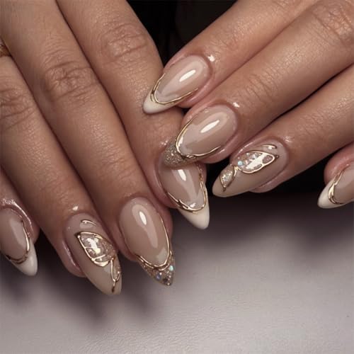 Mivota Medium Press On Nails Almond – Nude & White French Tips with Gold Foil and Glitter Accents, 24PCS Acrylic Fake Nails Kit with Glue and Tools, Elegant Glossy Stick On Nails for Women - color: 52-White Tip Gold Thread Butterfly