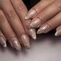 Mivota Medium Press On Nails Almond – Nude & White French Tips with Gold Foil and Glitter Accents, 24PCS Acrylic Fake Nails Kit with Glue and Tools, Elegant Glossy Stick On Nails for Women - color: 52-White Tip Gold Thread Butterfly