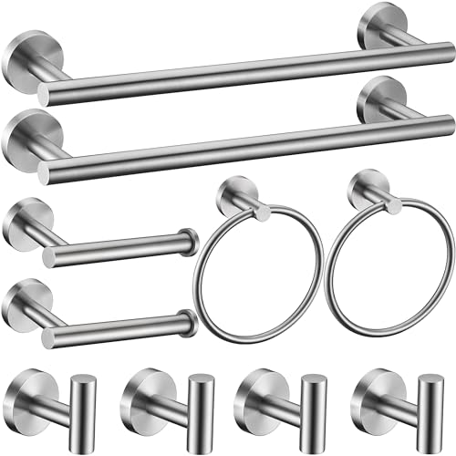 10 Pieces Brushed Nickel Bathroom Hardware Set Include 16inch Towel Bar,4pcsTowel Hooks,Toilet Paper Holder,Hand Towel Ring Round SUS304 Stainless Steel Bathroom Accessories Set - color: Brushed Nickel, size: 10 piece 16"