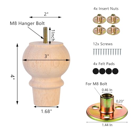 Maricome 4 Inch Unfinished Furniture Wood Legs Set of 4 Bun Feet for Sofa Couch Cabinet Dresser M8 Bolt Screw in - color: 4 Inch Unfinished