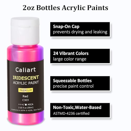 Caliart 24 Chameleon Colors Iridescent Acrylic Paint Set with 12 Brushes ﻿ - color: Iridescent, size: 2 Fl Oz (Pack of 24)