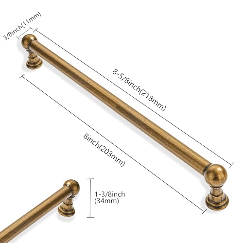 10 Pack 8 Inch Hole Center Antique Brass Cabinet pulls 100% Solid Heavy Duty Dresser Pulls Cabinet Drawer Pulls for Kitchen Cupboard Hardware - color: Antique Brass, size: 8 inch hole center