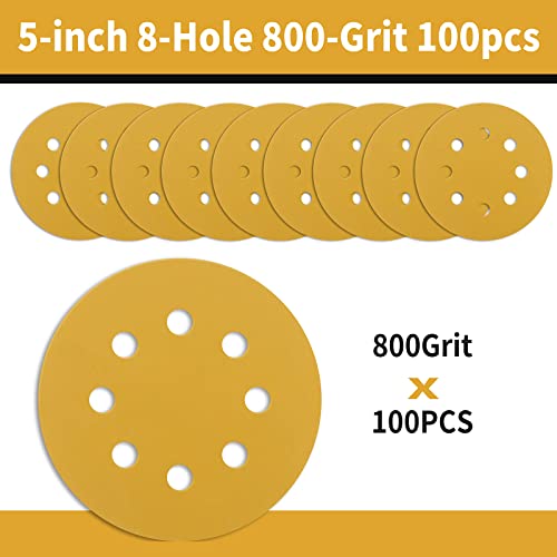 100 Pcs 5 Inch Sanding Discs Hook and Loop, 8 Hole Gold Premium 800 Grit Dustless Random Orbit Sandpaper for Woodworking or Automotive - style: 800 Grit-100 Discs