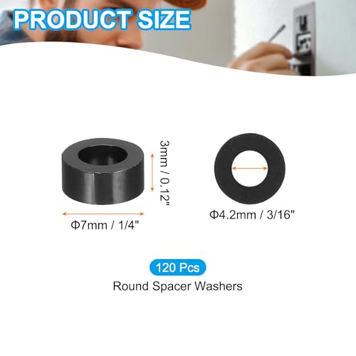 PATIKIL 120Pcs ABS Spacers 4mm ID, 7mm OD, 3mm Height Plastic Round Stud Spacer Black Nylon Washers Nut Unthreaded Rubber for M4 Screws Bolts Barrel - size: 4mm ID, 7mm OD, 3mm Height