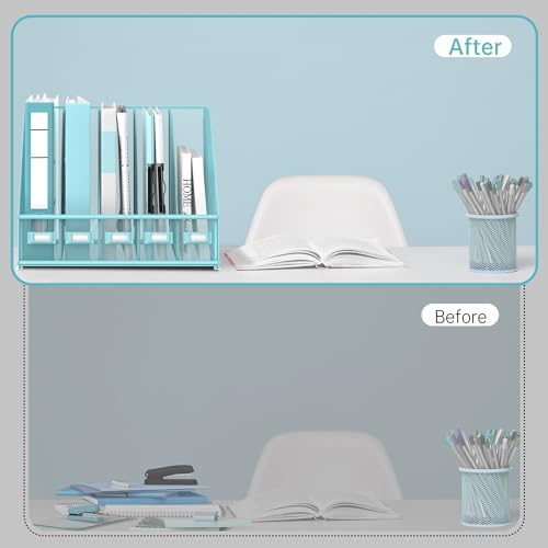 SUPEASY Desk Organizers Metal Desk Magazine File Holder with 5 Vertical Compartments Rack File Organizer for Office Desktop, Classroom, Home Workspace, Blue Plus - color: Blue, size: Large
