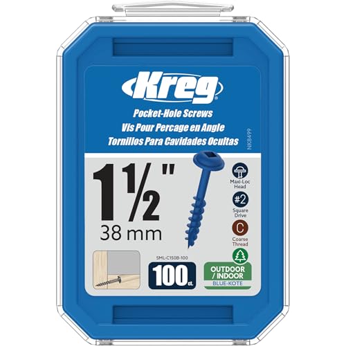 Kreg Blue-Kote Pocket-Hole Screws - SML-C150B-100 - Weather Resistant Pocket Screws - 1-1/2 Inch - Coarse Thread - Maxi-Loc Head - Outdoor - 100 Count