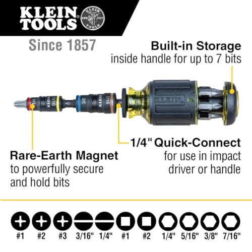 Klein Tools 32308HD Impact Driver Set, 12-in-1 Stubby Screwdriver Set, 2 Hex Flip Sockets, 7 Bits, 1/4-Inch Bit Holding Feature - style: Heavy Duty