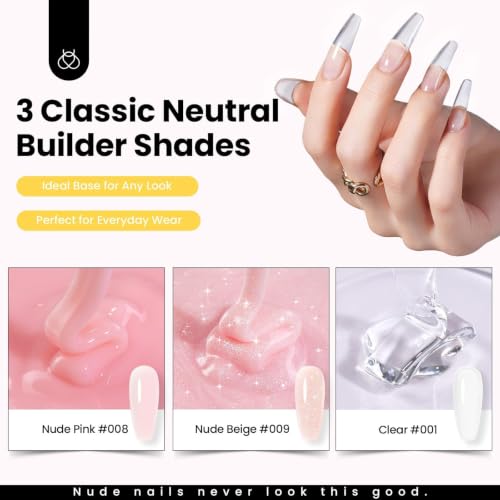 Beetles Hard Gel Nail Extension Kit, 3 Color Builder Gels & Half Cover Tips - color: Clear Nude Glitter Jelly Pink with Long Square Nail Tips 3 x 30 g