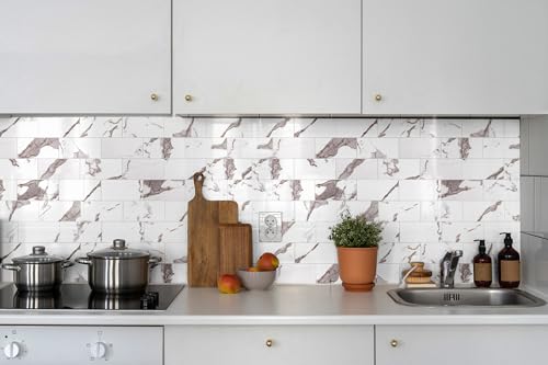 StyloVue 100 Pieces Peel and Stick Backsplash for Kitchen, 3" x 6" PVC Subway Tile 2026 Upgraded White Marble with Gold Accent Backsplash Stick on Tile Elevate Kitchen Fireplace RV - color: White Marble with Gold Accent