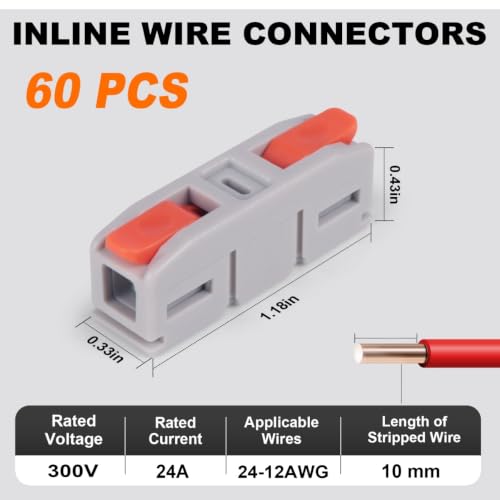 60PCS AVARBUVO Lever Wire Connectors, Mini Quick Connector Push-in, 1 in 1 Out Electrical Wire Inline Terminal for Splicing 24-12 AWG - size: 60PCS