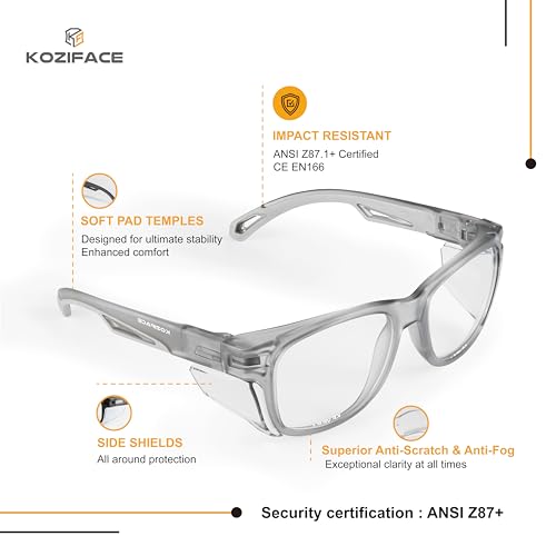 KOZIFACE E52 Anti-Fog Safety Glasses, ANSI Z87.1 Eye Protection with Side Shields, Clear Lens, Lightweight for Work, Lab DIY - color: Grey