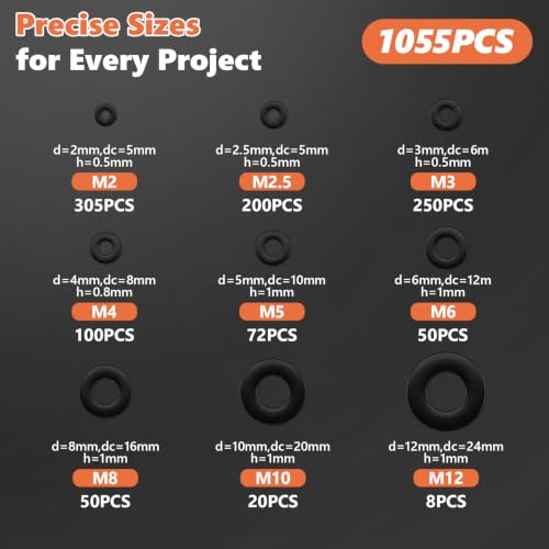 1055Pcs Flat Washers Kit, 304 Stainless Steel Black,9 Sizes M2-M12 - color: Black