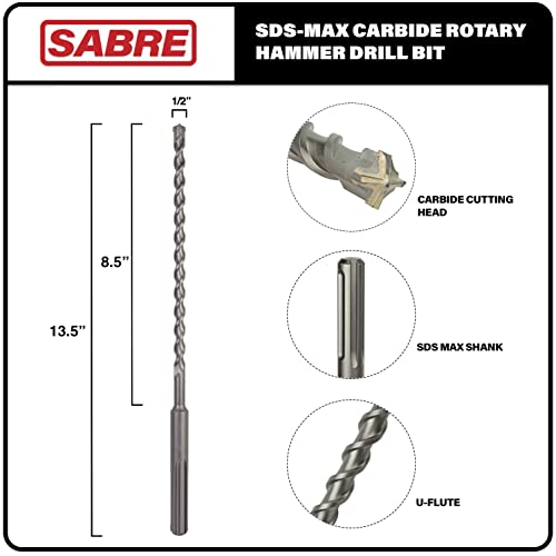 Sabre Tool 1/2 Inch x 13.5 Inch SDS MAX Rotary Hammer Drill Bit, U-Flute, Carbide Tipped for Brick, Stone, and Concrete (1/2inches x 8inches x 13.5 - size: 1/2" x 13.5"