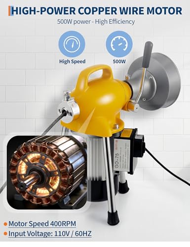 500W 400 RPM Auto Feed Electric Drain Cleaner Machine (66FT x 5/8" + 16FT x 3/8", Yellow and Sliver) - color: Yellow and Sliver
