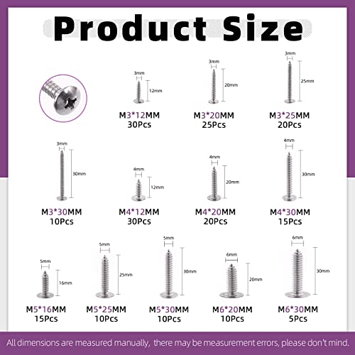 Swpeet 200Pcs #6#8#10#12 304 Stainless Steel Phillips Truss Head Self Tapping Screws Phillips Cross Drive Wood Screws Sheet Metal Screws Assortment Kit for Sheet Metal, Wood, PVC Plastic - size: Assortment Kit