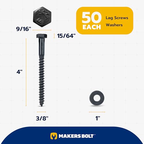 3/8 x 4 (50 Pack) Lag Screw Kit, 50 Screws and 50 Washers, Ceramic Black Ruspert Coating for Exterior Use, Meets ASTM A307 and ASME B18.2.1, Industrial/Commerical Grade by Makers Bolt - size: 3/8 x 4