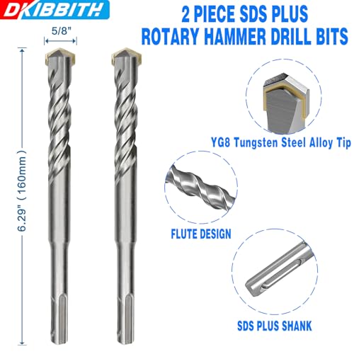2-Piece 5/8" SDS Plus Drill Bits Rotary Hammer Drill Bit Set, Carbide Tipped for Drilling Concrete Cement Porcelain Tiles Ceramic Pots Stone Brick, Diameter 16mm, 160mm Long, SDS Plus Shank - size: 2 Pcs 5/8", style: 6"