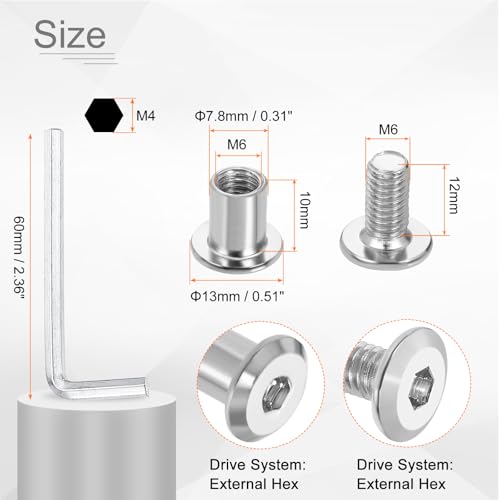 HARFINGTON 20 Set M6x12mm Hex Drive Socket Cap Bolt and M6x10mm Nuts with M4 Hex Wrench, Furniture Connector Bolts and Screws for Furniture Countersunk Belt, Silver - size: M6x12mm, M6x10mm