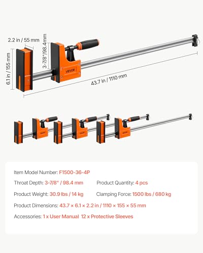 VEVOR Bar Clamps for Woodworking, 4-Pack, 36" Opening F Clamps, 1500 lbs Load Limit, Clamp/Spreader 2 Modes, Soft Rubber Pads, Ergonomic Handle, Carbon Steel Bar, for Wood Working and Metal Working - size: 36"(4 Pack), style: Heavy-Duty