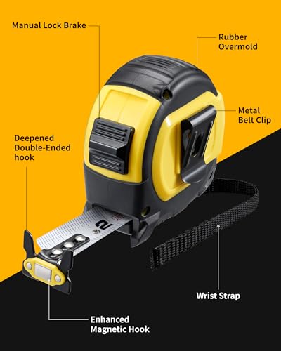 Tape Measure 25 ft with 1/8 Fractions, Magnetic Measuring Tape Retractable