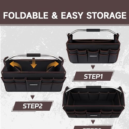 22 In Tool Carrier, Open Top Tool Tote 30 Pockets, Waterproof Tool Bag For Men, Foldable Wide Mouth Electricians Tool Bag, With Stainless Steel Handle and Removable Shoulder Strap - size: 22in