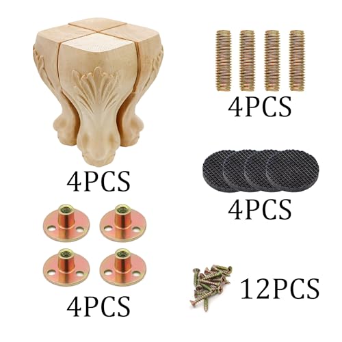 4Pcs 6in Unfinished Solid Wood Furniture Legs Carved European Style - color: B