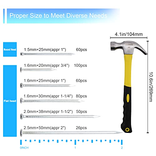376PCS Nails & Hammer Set, 8oz Hammer, 6 Nail Sizes for Hanging Pictures - style: Nails and Hammer