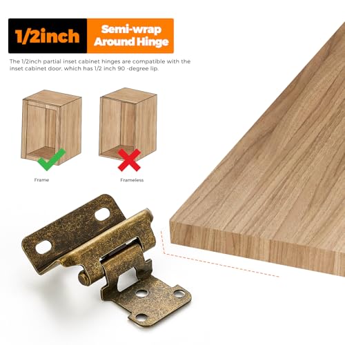 Ravinte Antique Brass Semi-Overlay 1/2 inch Self-Closing Hinges, 10 Pack - color: Antique Brass