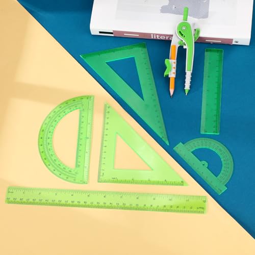 Zonon 7 Pcs Geometry Math Set with Compass Protractor Rulers, Green - color: Green