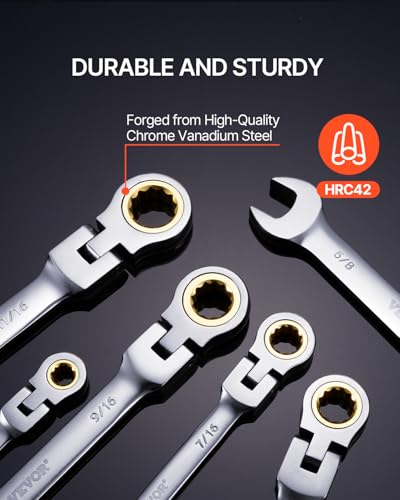 VEVOR Flex-Head Ratcheting Wrench Set, Nickel Plating, 8-piece Flexible Ratcheting Combination Wrench Set with Roll-up Pouch, CR-V, 72 Teeth, SAE 5/16-3/4" - size: 8PCS (SAE), style: Flex-head