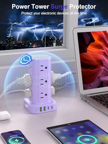 6FT Power Strip Tower Surge Protector, 12 Wide Spaced Outlets, 4 USB - color: Purple, size: 6FT without Wireless Charging