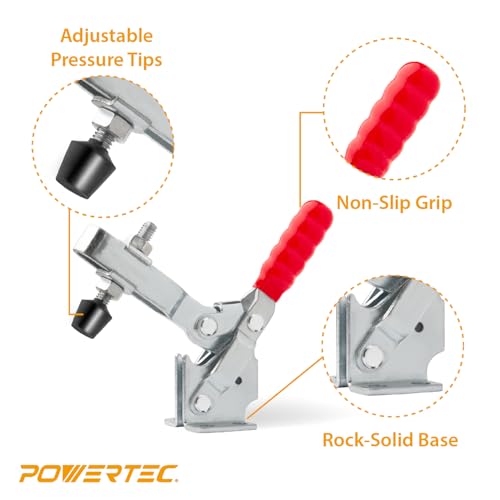 POWERTEC 4PK Toggle Clamp, 500 lbs Capacity, 12130 Quick Release Vertical Clamps w/Antislip Rubber Pressure Tip for Woodworking Jigs and Fixtures, Welding, Drill Press, Crosscut Sled (20335-P2) - size: 12130, 4PK