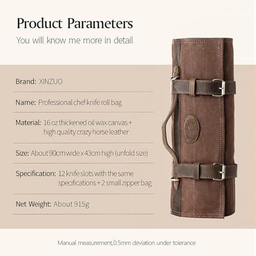 XINZUO Chef Knife Roll Bag-Professional Chef Knife Case-16oz Waxed Canvas and Crazy Horse Leather -With 12 Slots Plus 2 Zipper Pockets to Hold Kitchen Cooking Tools-Travel Tool Roll Pouch(Bag Only) - color: Brown