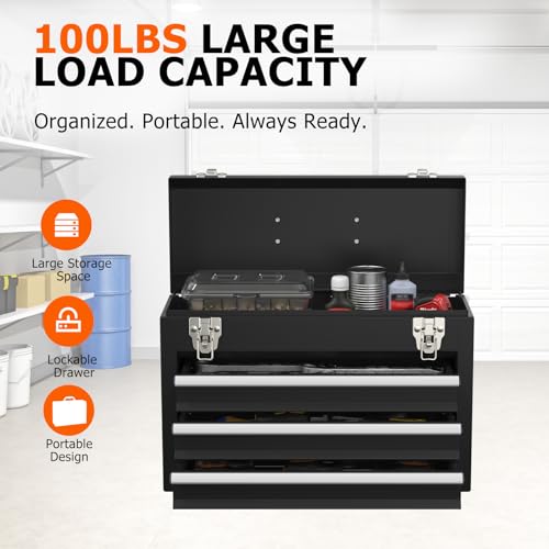 Portable Metal Tool Box with Drawers, Latches Tool Box with EVC Liners for Garage, Home and Workbench (Black) - color: Black