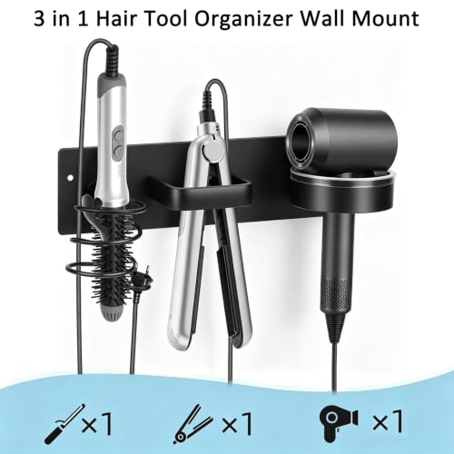 3-in-1 Aluminum Hair Dryer Holder, Matte Black Styling Tools Rack | No Drill Heat Resistant Wall Hair Tool Stand for Blow Dryer, Flat Iron & Curling Iron, Bathroom Rental Homes, No Wall Damage - size: B
