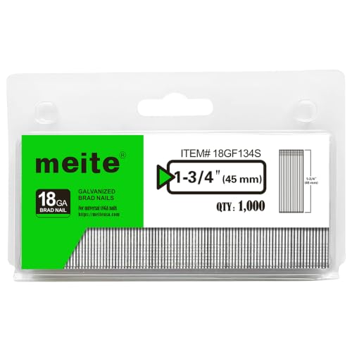 meite 18 Gauge Brad Nails, 1-3/4 Inch 18GA Brad Nails Galvanized Small Finishing Nail Gun Nails for Pneumatic, Electric Brad Nailer Gun (1,000 Counts) - size: 1-3/4"