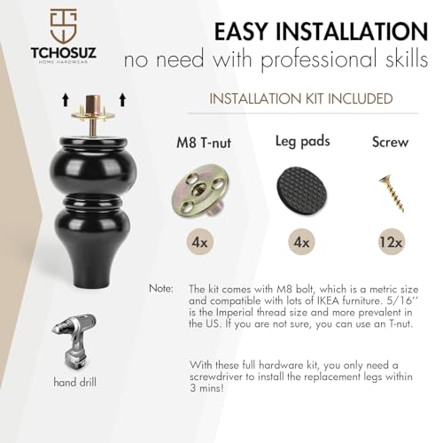 6 inch Solid Wood Furniture Spool Legs with M8 Bolts 4PCS Black - color: Black, size: 6"/15cm