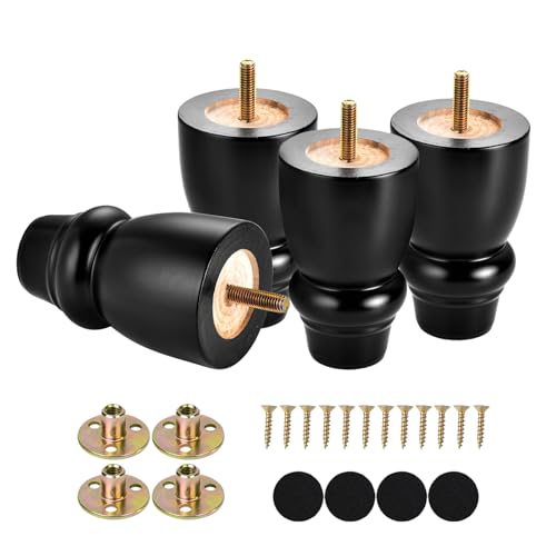 Maricome 4 inch Wood Furniture Legs Bun Feet Set of 4 Predrilled M8 Bolt Black Wooden Replacement Legs for Chair Dresser - color: 4 Inch Black