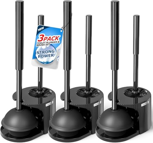 FORASTO 3Pack 2 in 1 Toilet Brush and Plunger Set, Extended Handle Plunger,Toilet Bowl Brush Plunger Set,Bathroom Cleaning Tools,Toilet Brush Plunger Combo,Cleaning Supplies，Black - color: Black, size: 3Pack