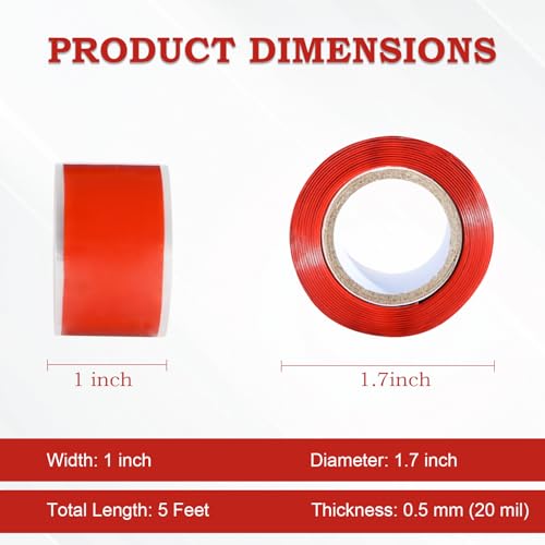 Self Fusing Silicone Tape 1 in x 5' Red Waterproof Rubber Leak Proof Sealing Silicone Rubber Self-amalgamating Tape for Emergency Hot and Cold Water Pipe Repairs and Tool Fixation - size: 1 Roll - 5 ft - Red - 20 mil Thickness
